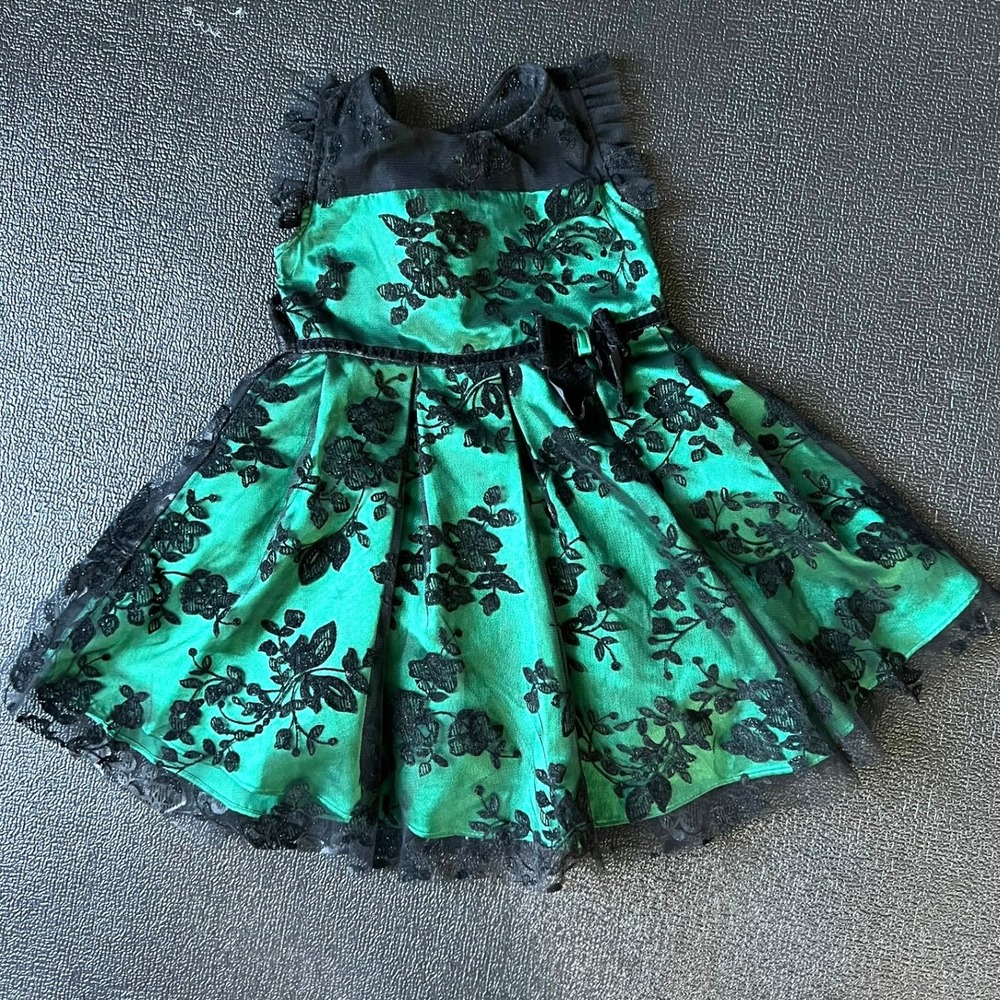 Jona Michelle Girls 3T Emerald Green Black‎ Floral Flocked Glitter Party Dress
